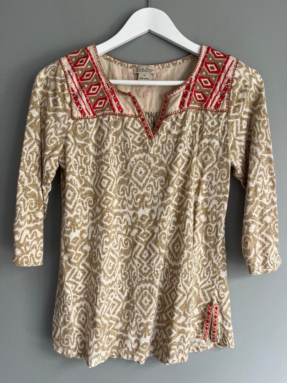Lucky Brand Women's Embroidered Ikat Peasant Top M Tan Cream Boho Western Folk